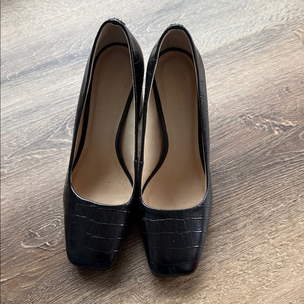 Black Croc Embossed Square Toe Heels